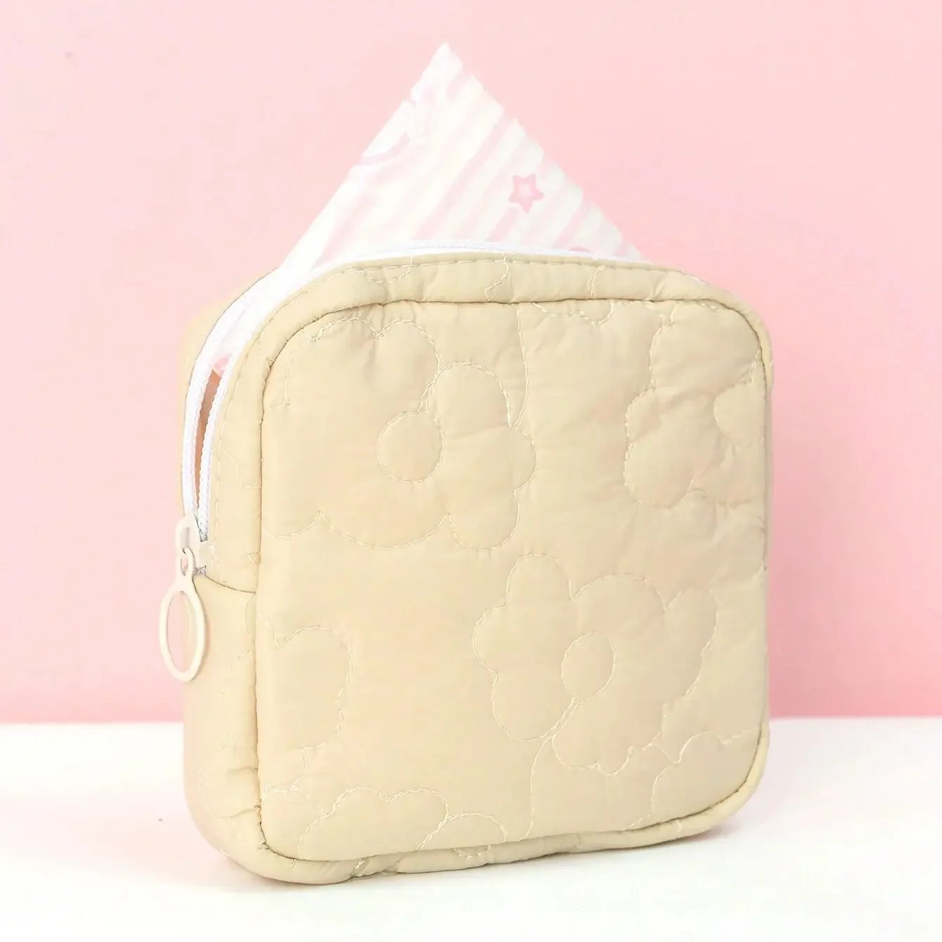 1psc Solid Color Embroidered Sanitary Napkin Storage Bag Travel Bag Suitable For Girls And Women Home Storage Dormitory Travel E