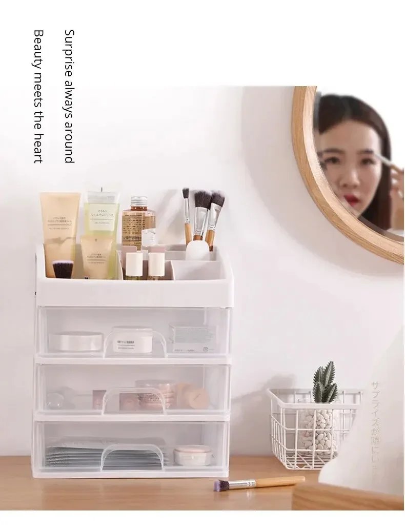 1pc Transparent Plastic Four Layer Three Drawer Desktop Drawer Style Cosmetic Storage Box Dressing Table Storage Rack