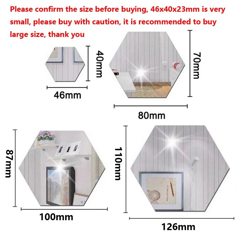 6/12pcs 3D Mirror Wall Sticker Hexagon Decal Home Decor DIY Self-adhesive Mirror Decor Stickers Art Wall Decoration 126mm Large