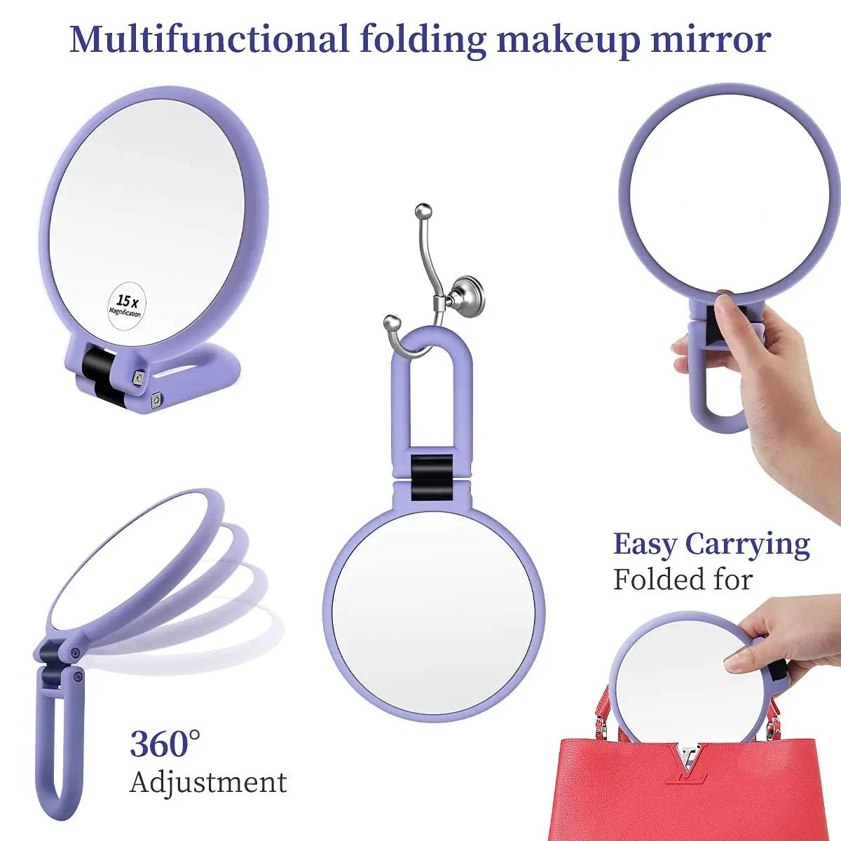 Magnifying Handheld Mirror ,Travel Folding Hand Held Mirror,Double Sided Pedestal Makeup Mirror with 1/2/5/10/15x Magnification