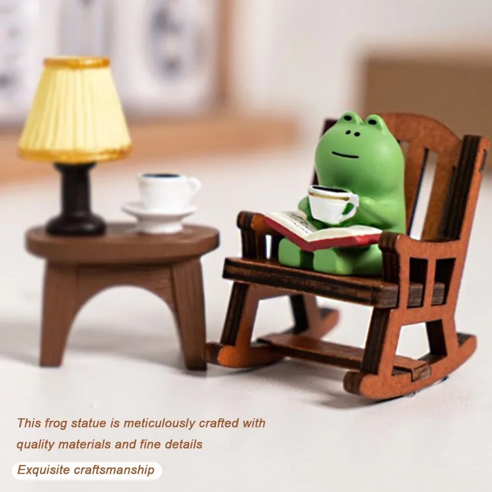 Cute Healing Small Decoration Cute Mini Frog Resin Figurine Rocking Chair Design with Book Coffee Home Bedroom Office Decoration