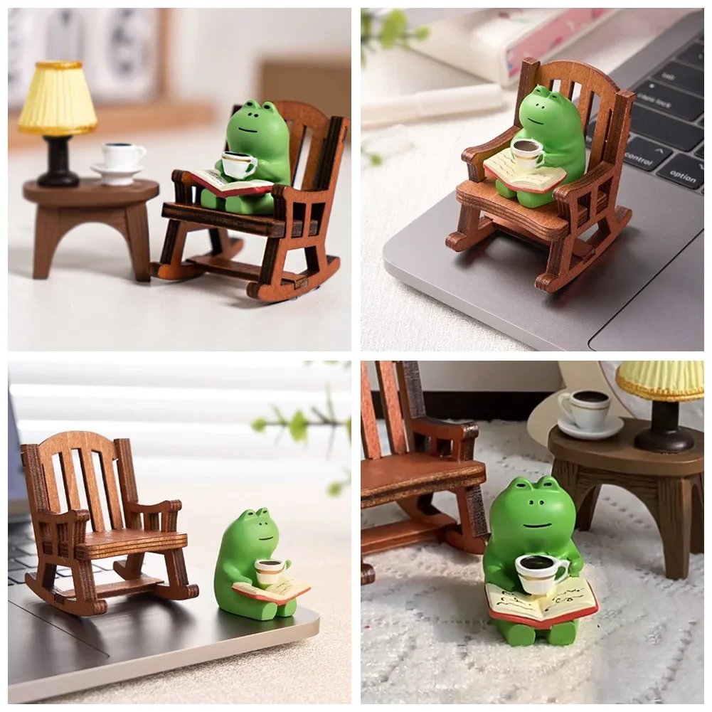 Cute Healing Small Decoration Cute Mini Frog Resin Figurine Rocking Chair Design with Book Coffee Home Bedroom Office Decoration