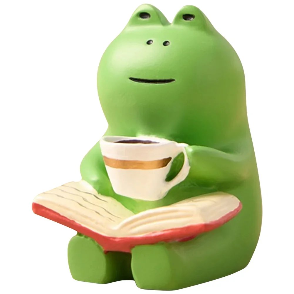 Cute Healing Small Decoration Cute Mini Frog Resin Figurine Rocking Chair Design with Book Coffee Home Bedroom Office Decoration