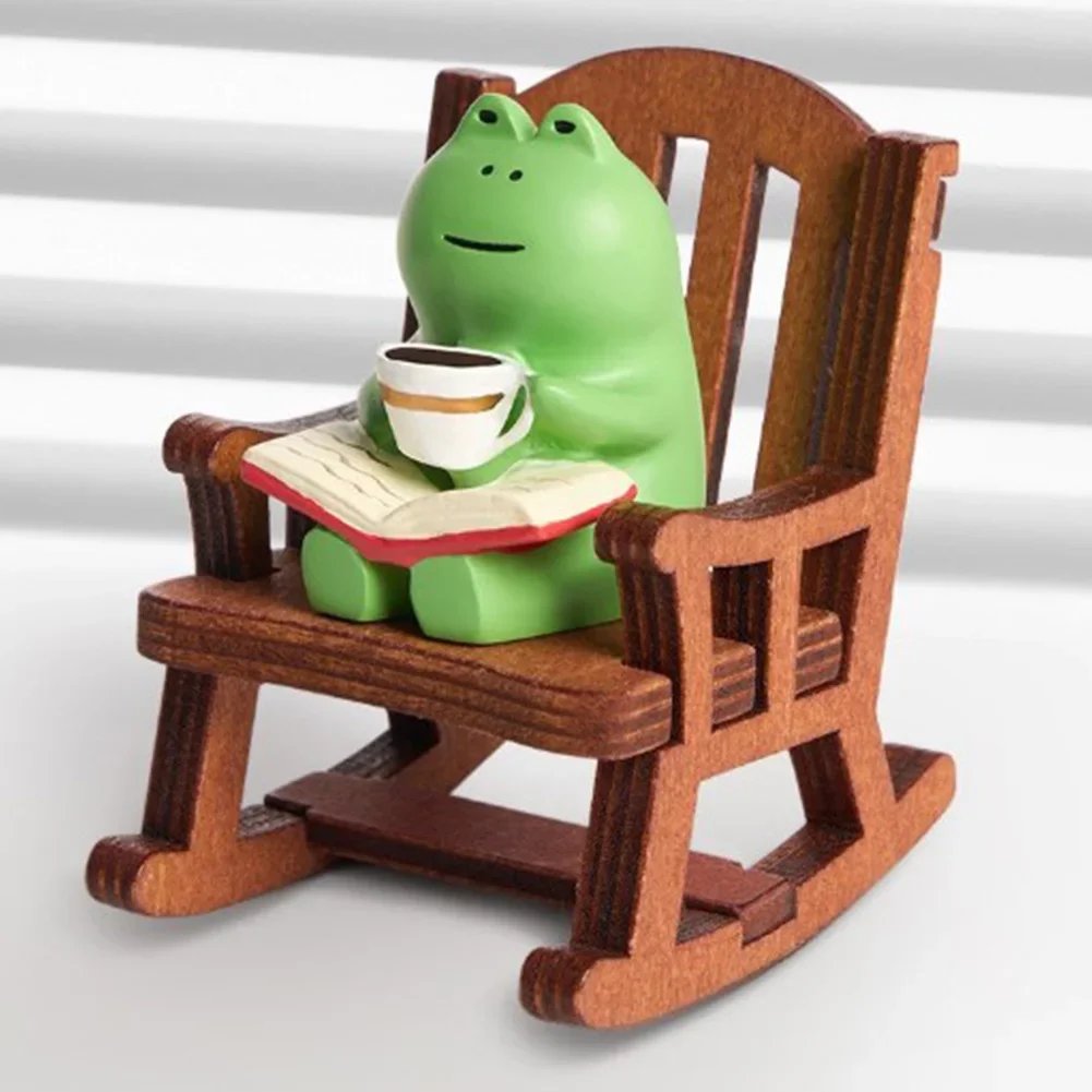Cute Healing Small Decoration Cute Mini Frog Resin Figurine Rocking Chair Design with Book Coffee Home Bedroom Office Decoration