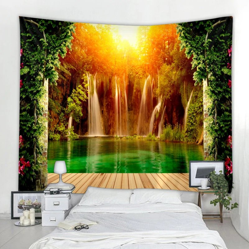Beautiful nature waterfall tapestry forest print seascape hippie wall hanging bohemian wall tapestry mandala wall decoration