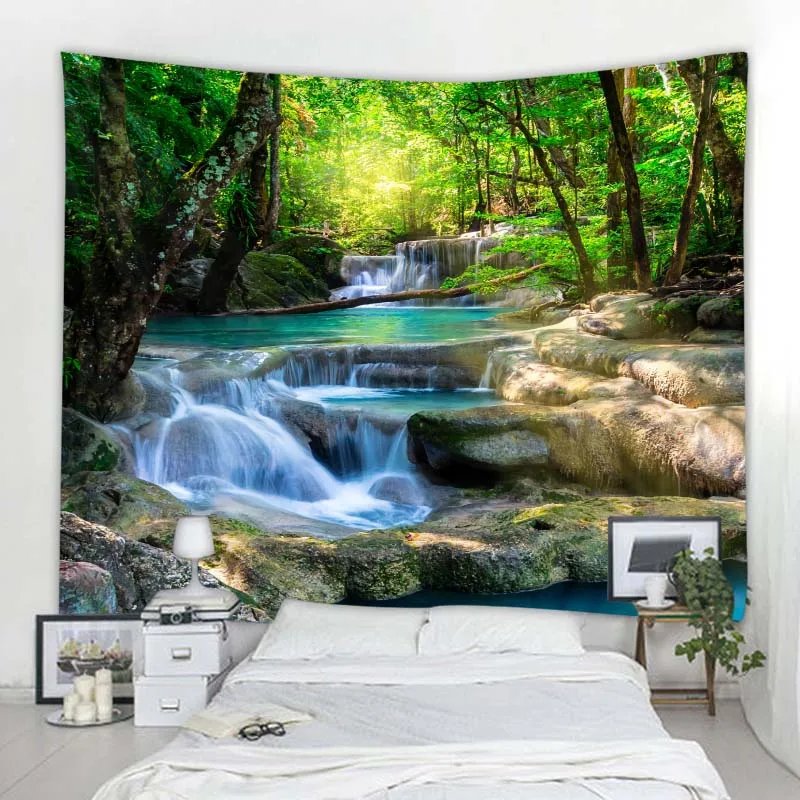 Beautiful nature waterfall tapestry forest print seascape hippie wall hanging bohemian wall tapestry mandala wall decoration