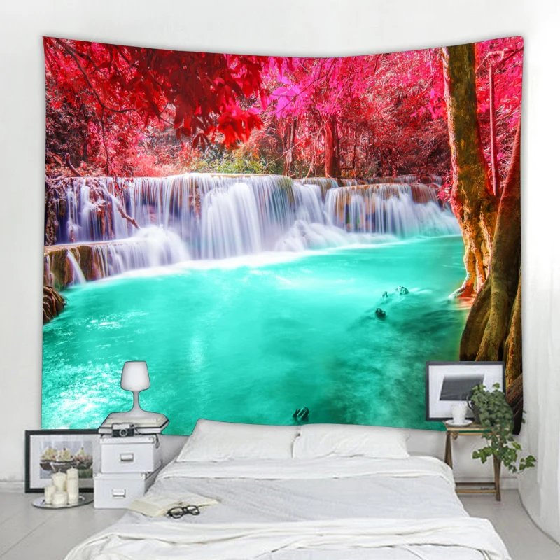 Beautiful nature waterfall tapestry forest print seascape hippie wall hanging bohemian wall tapestry mandala wall decoration