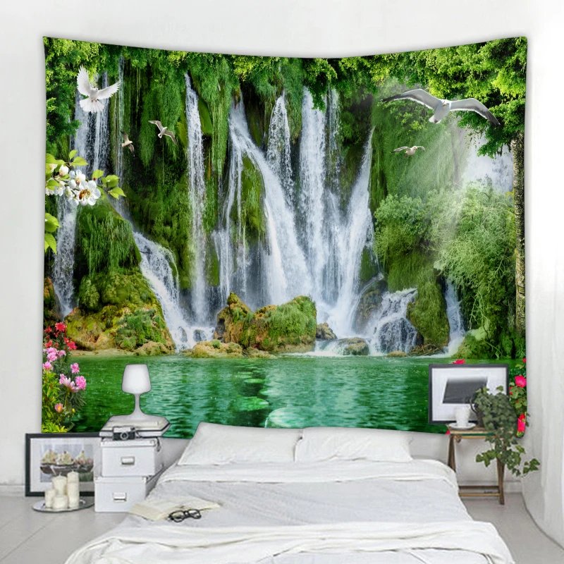 Beautiful nature waterfall tapestry forest print seascape hippie wall hanging bohemian wall tapestry mandala wall decoration