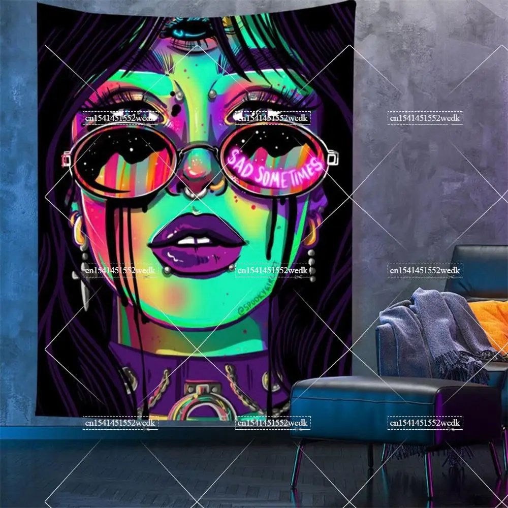 Trippy Girl Blacklight Tapestry UV Reactive Wall Hanging Living Room Decor Decoration Smoking Tapestries Aesthetic Sofa Blankets