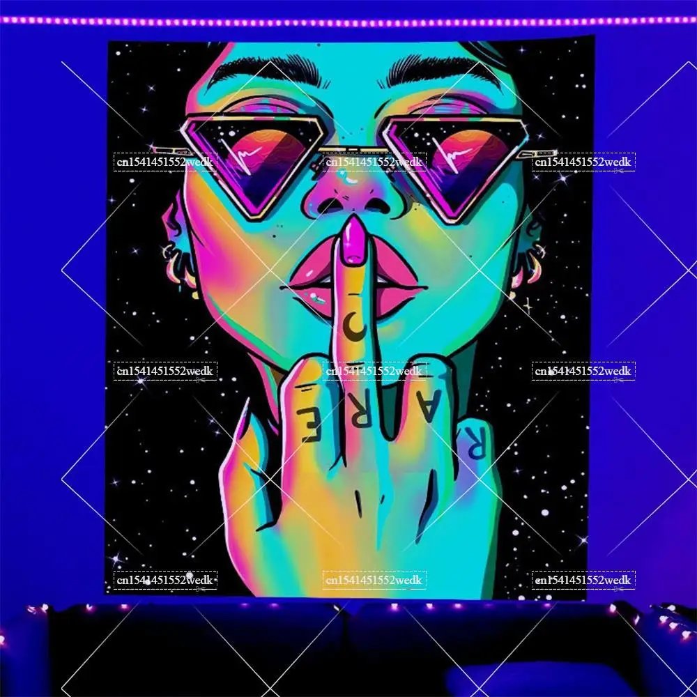 Trippy Girl Blacklight Tapestry UV Reactive Wall Hanging Living Room Decor Decoration Smoking Tapestries Aesthetic Sofa Blankets