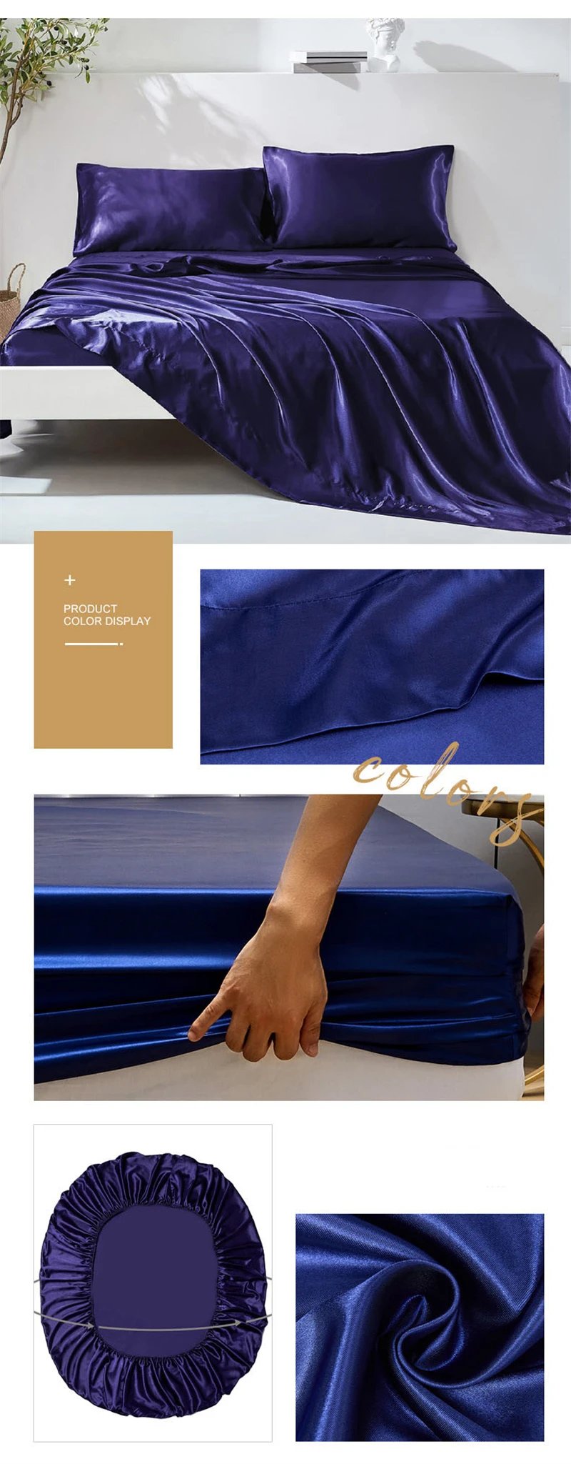 Luxury Satin Fabric Queen Size Bed Sheets Set King High Quality Fitted Sheet Flat Sheet Pillowcase Solid Bed Set Bedsheet Sets