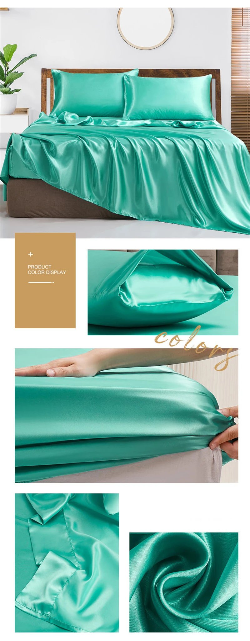 Luxury Satin Fabric Queen Size Bed Sheets Set King High Quality Fitted Sheet Flat Sheet Pillowcase Solid Bed Set Bedsheet Sets