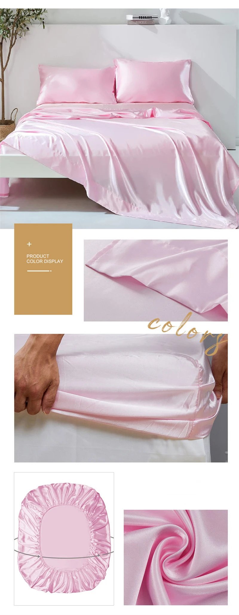 Luxury Satin Fabric Queen Size Bed Sheets Set King High Quality Fitted Sheet Flat Sheet Pillowcase Solid Bed Set Bedsheet Sets