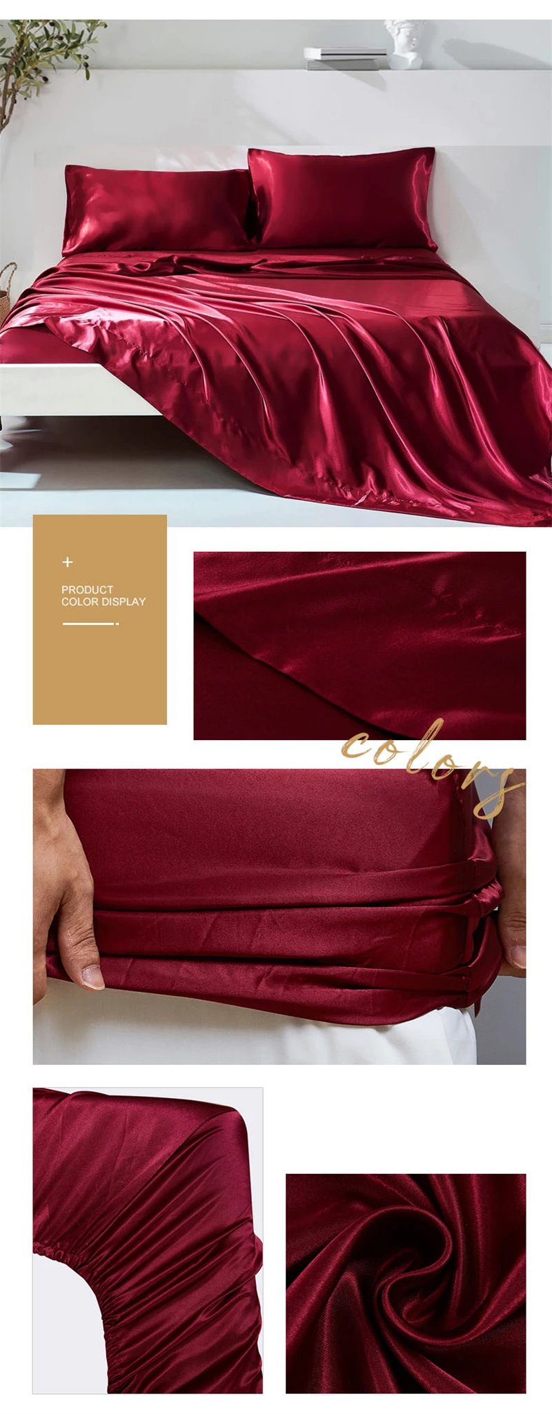 Luxury Satin Fabric Queen Size Bed Sheets Set King High Quality Fitted Sheet Flat Sheet Pillowcase Solid Bed Set Bedsheet Sets