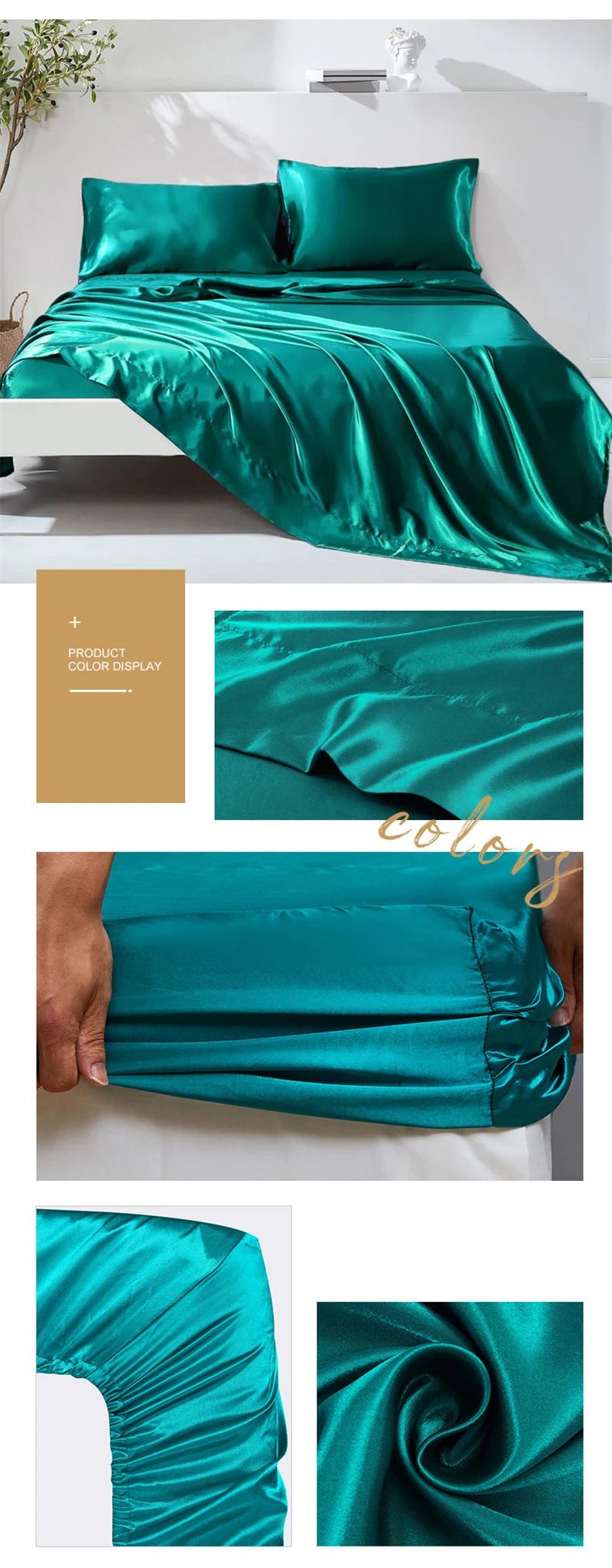 Luxury Satin Fabric Queen Size Bed Sheets Set King High Quality Fitted Sheet Flat Sheet Pillowcase Solid Bed Set Bedsheet Sets