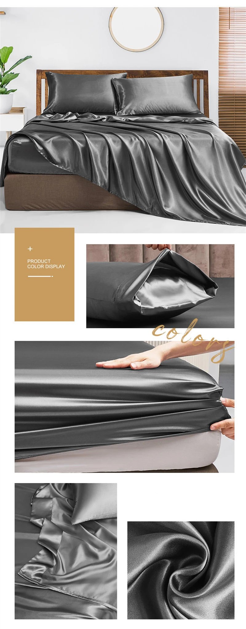 Luxury Satin Fabric Queen Size Bed Sheets Set King High Quality Fitted Sheet Flat Sheet Pillowcase Solid Bed Set Bedsheet Sets