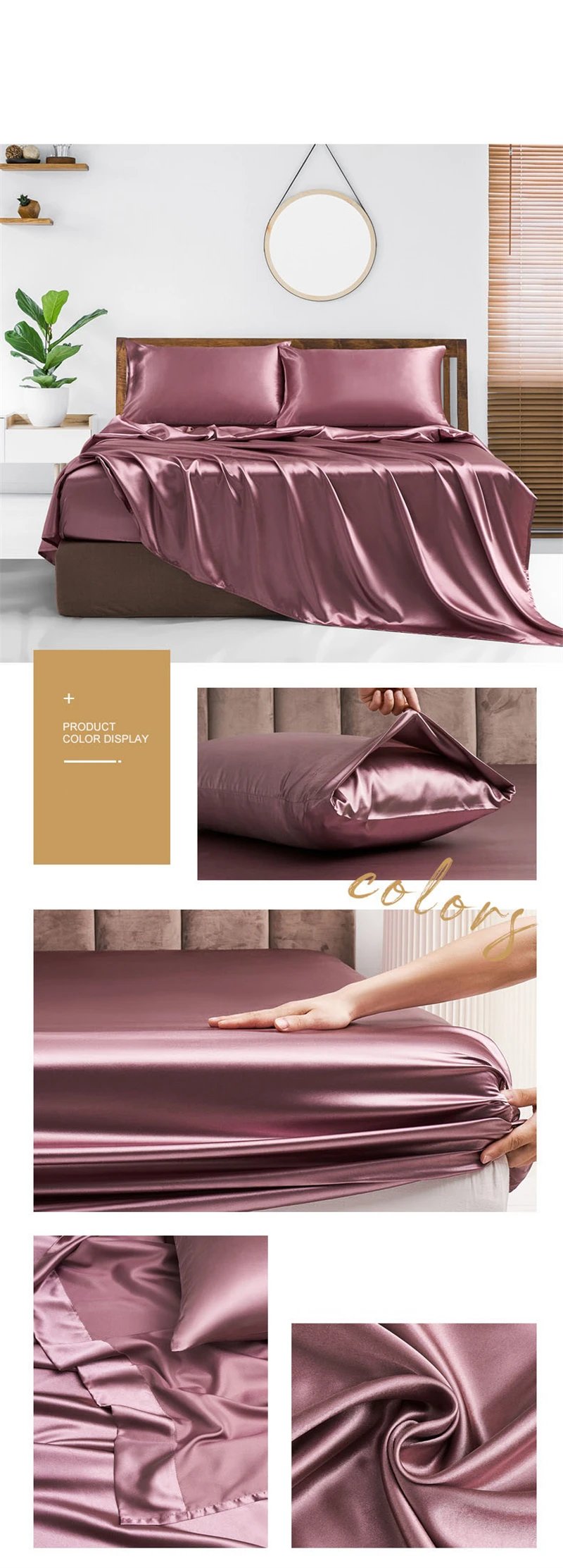 Luxury Satin Fabric Queen Size Bed Sheets Set King High Quality Fitted Sheet Flat Sheet Pillowcase Solid Bed Set Bedsheet Sets