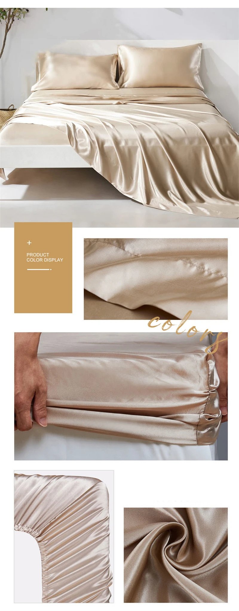 Luxury Satin Fabric Queen Size Bed Sheets Set King High Quality Fitted Sheet Flat Sheet Pillowcase Solid Bed Set Bedsheet Sets