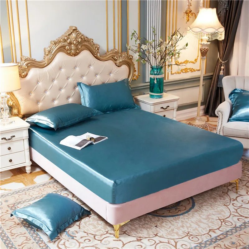 Luxury pure Satin Queen Bed Sheet Set High End Silky Home Bed Sheets Pillow Cover Single Double Fitted Sheet with Elastic Band