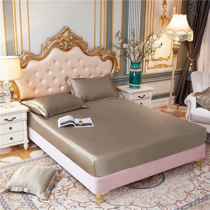 Luxury pure Satin Queen Bed Sheet Set High End Silky Home Bed Sheets Pillow Cover Single Double Fitted Sheet with Elastic Band