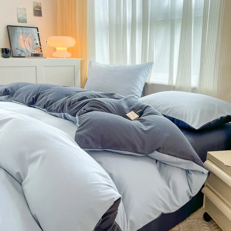 2-side Solid Color Brush Fabric Bed Set 4 Pieces Duvet Cover Pillowcase Bedding Set Bed Sheet Quilt Cover Single Queen King Size