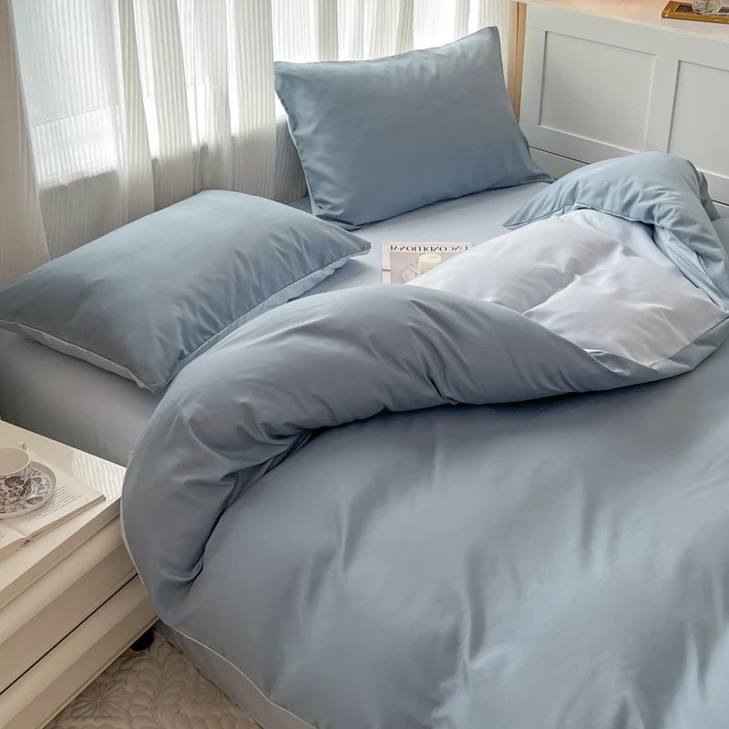 2-side Solid Color Brush Fabric Bed Set 4 Pieces Duvet Cover Pillowcase Bedding Set Bed Sheet Quilt Cover Single Queen King Size