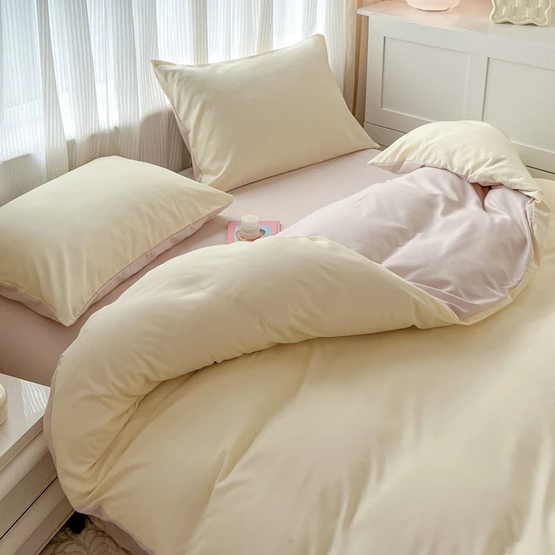 2-side Solid Color Brush Fabric Bed Set 4 Pieces Duvet Cover Pillowcase Bedding Set Bed Sheet Quilt Cover Single Queen King Size