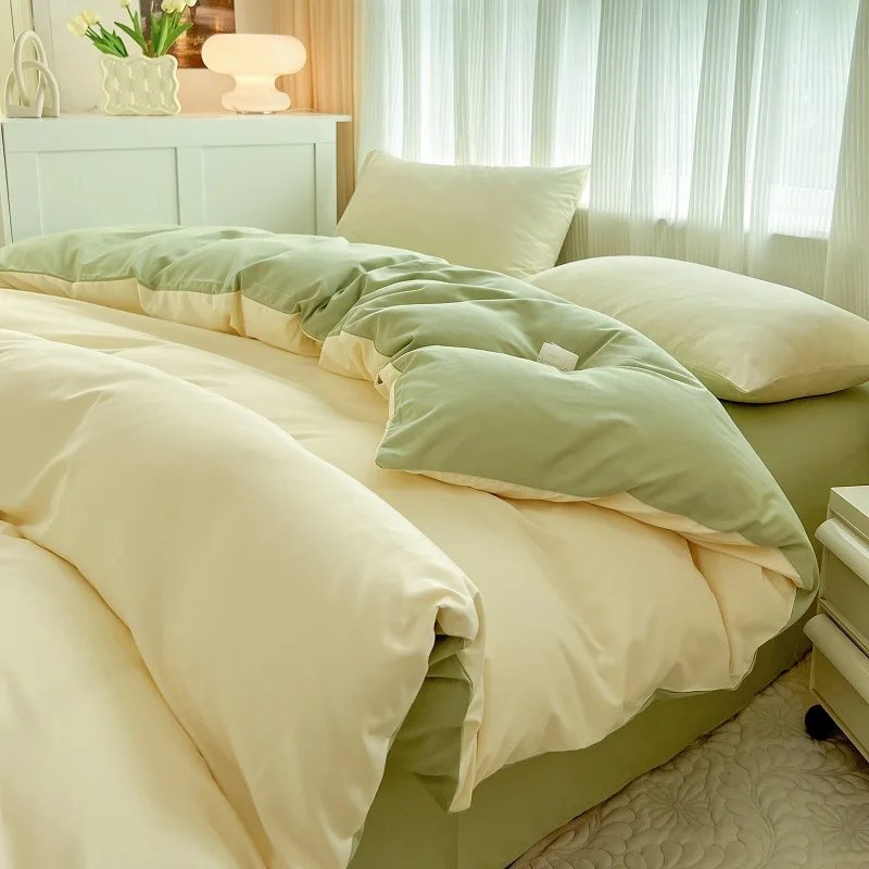 2-side Solid Color Brush Fabric Bed Set 4 Pieces Duvet Cover Pillowcase Bedding Set Bed Sheet Quilt Cover Single Queen King Size