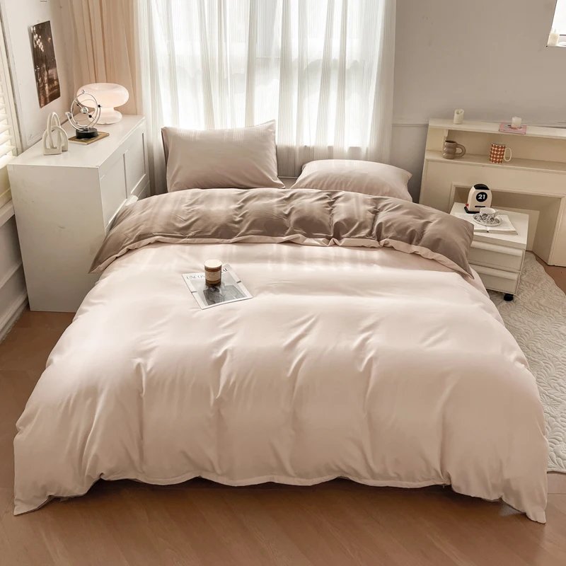 2-side Solid Color Brush Fabric Bed Set 4 Pieces Duvet Cover Pillowcase Bedding Set Bed Sheet Quilt Cover Single Queen King Size
