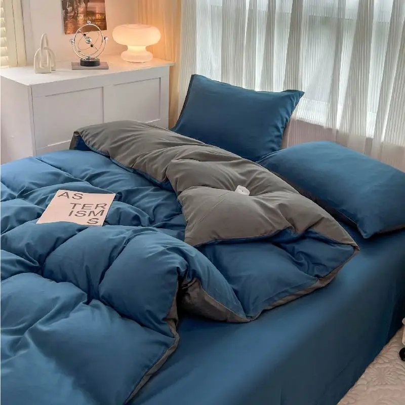 2-side Solid Color Brush Fabric Bed Set 4 Pieces Duvet Cover Pillowcase Bedding Set Bed Sheet Quilt Cover Single Queen King Size