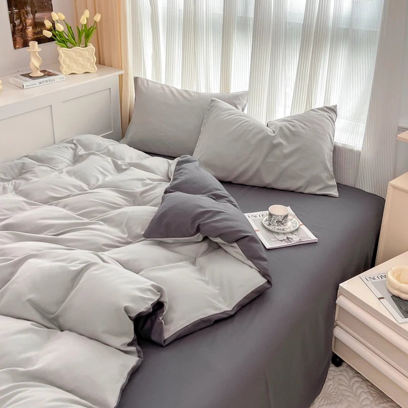 2-side Solid Color Brush Fabric Bed Set 4 Pieces Duvet Cover Pillowcase Bedding Set Bed Sheet Quilt Cover Single Queen King Size