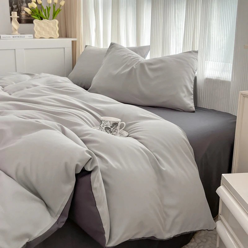 2-side Solid Color Brush Fabric Bed Set 4 Pieces Duvet Cover Pillowcase Bedding Set Bed Sheet Quilt Cover Single Queen King Size