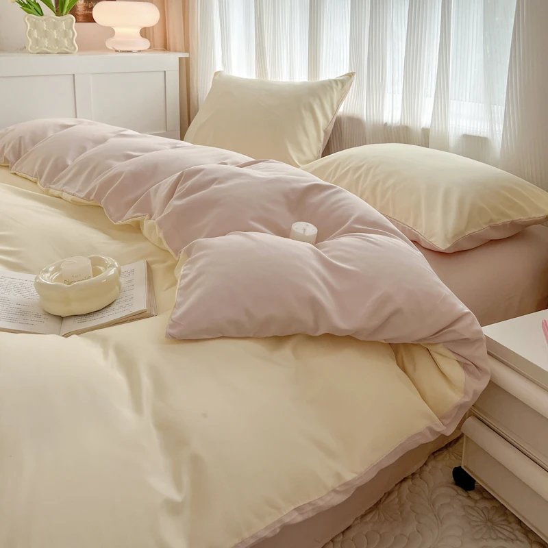 2-side Solid Color Brush Fabric Bed Set 4 Pieces Duvet Cover Pillowcase Bedding Set Bed Sheet Quilt Cover Single Queen King Size