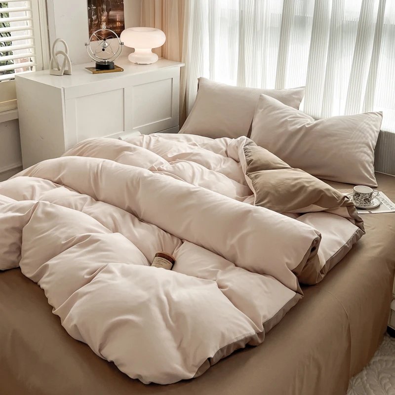 2-side Solid Color Brush Fabric Bed Set 4 Pieces Duvet Cover Pillowcase Bedding Set Bed Sheet Quilt Cover Single Queen King Size