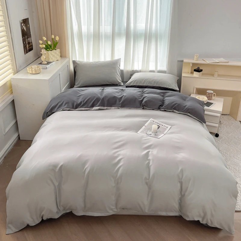 2-side Solid Color Brush Fabric Bed Set 4 Pieces Duvet Cover Pillowcase Bedding Set Bed Sheet Quilt Cover Single Queen King Size