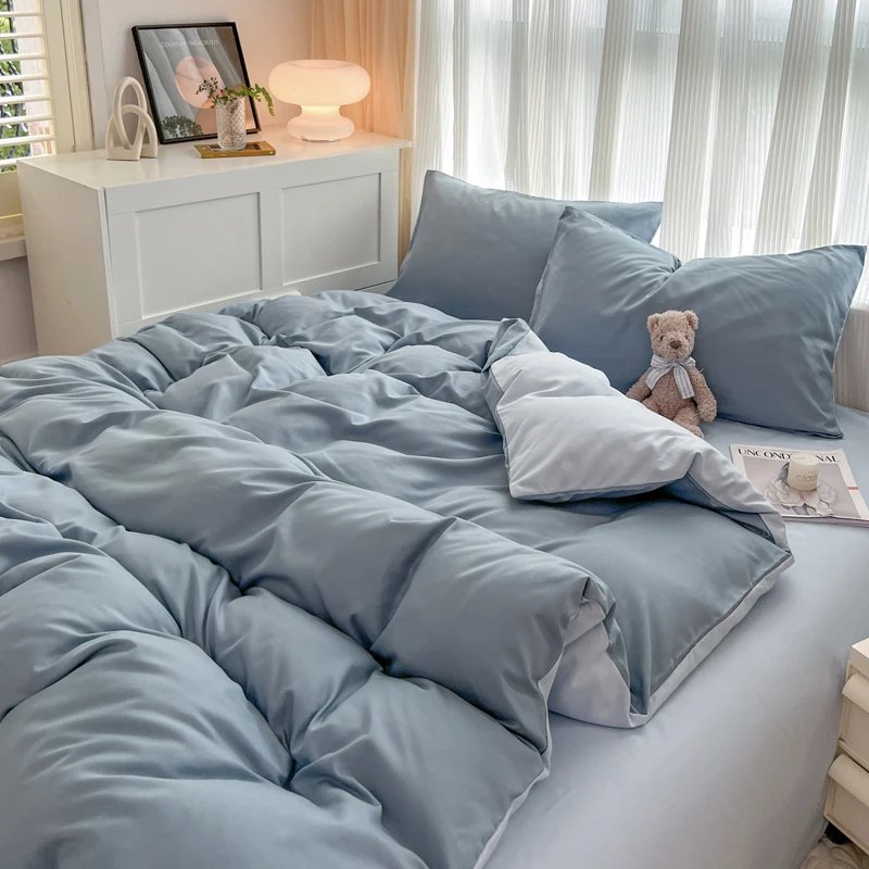 2-side Solid Color Brush Fabric Bed Set 4 Pieces Duvet Cover Pillowcase Bedding Set Bed Sheet Quilt Cover Single Queen King Size