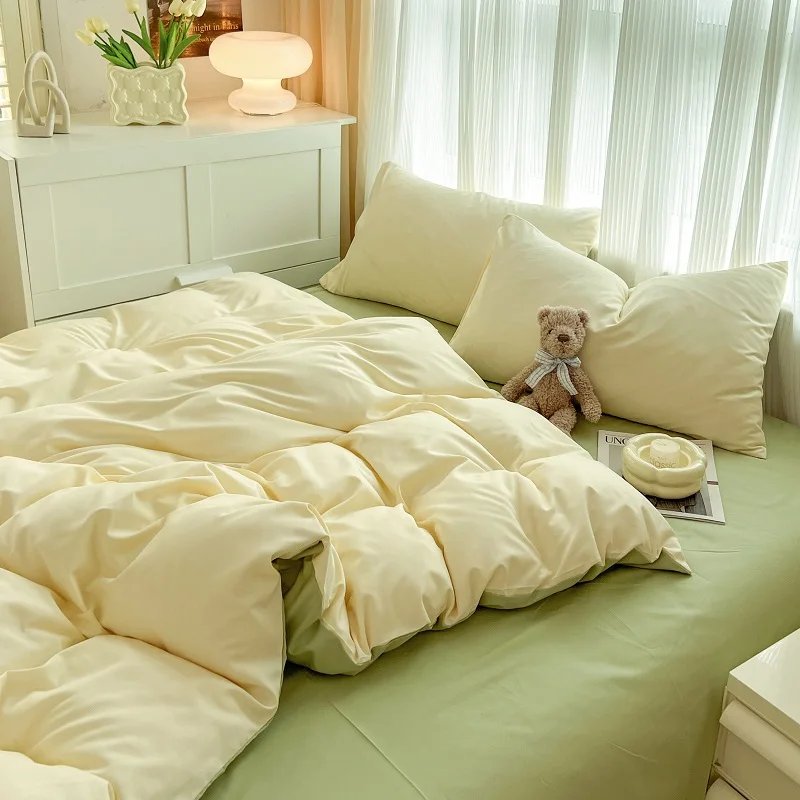 2-side Solid Color Brush Fabric Bed Set 4 Pieces Duvet Cover Pillowcase Bedding Set Bed Sheet Quilt Cover Single Queen King Size