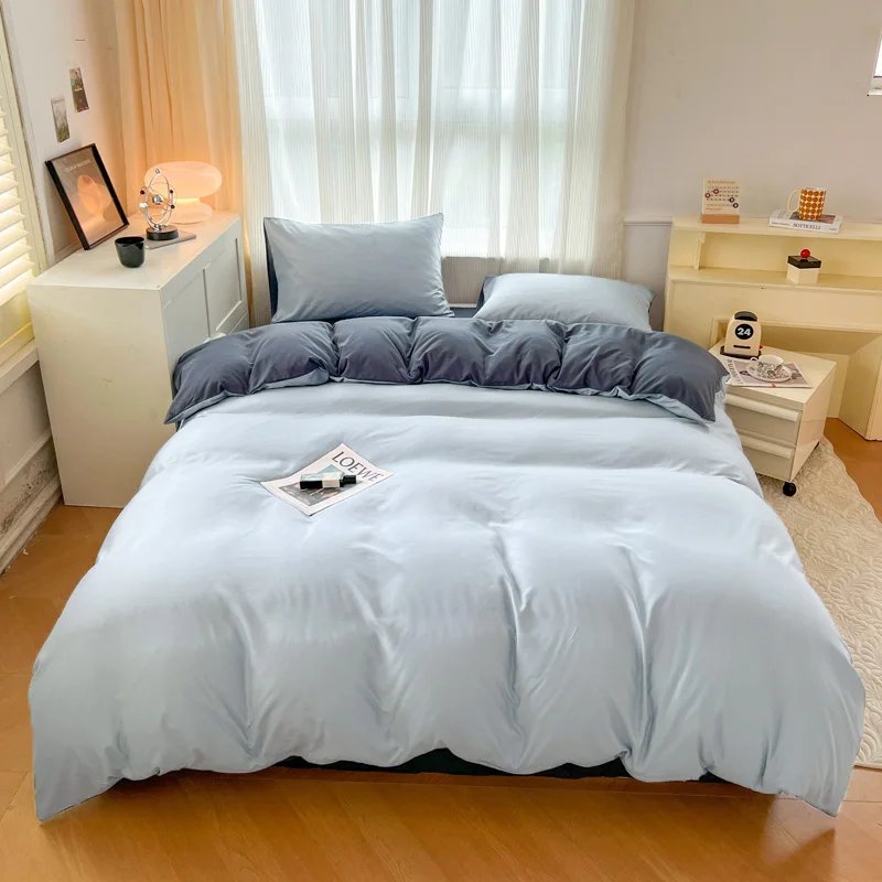 2-side Solid Color Brush Fabric Bed Set 4 Pieces Duvet Cover Pillowcase Bedding Set Bed Sheet Quilt Cover Single Queen King Size