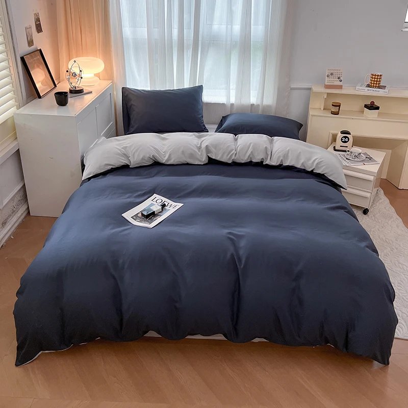 2-side Solid Color Brush Fabric Bed Set 4 Pieces Duvet Cover Pillowcase Bedding Set Bed Sheet Quilt Cover Single Queen King Size