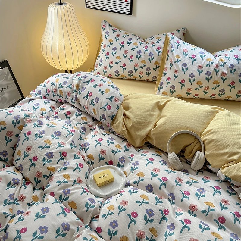 Flowers Print Bedding Comforter Set with Pillowcase bed sheet Single Full Size Bed Linen Duvet Cover Set Queen/King Double bed
