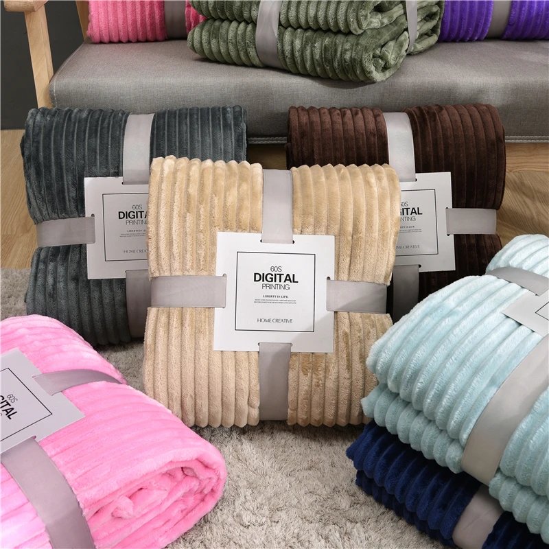 Striped Flannel Blankets For Beds Solid Pink Blue Color Soft Warm Mink Throw Sofa Cover Bedspread Beach Airplane Travel Blankets
