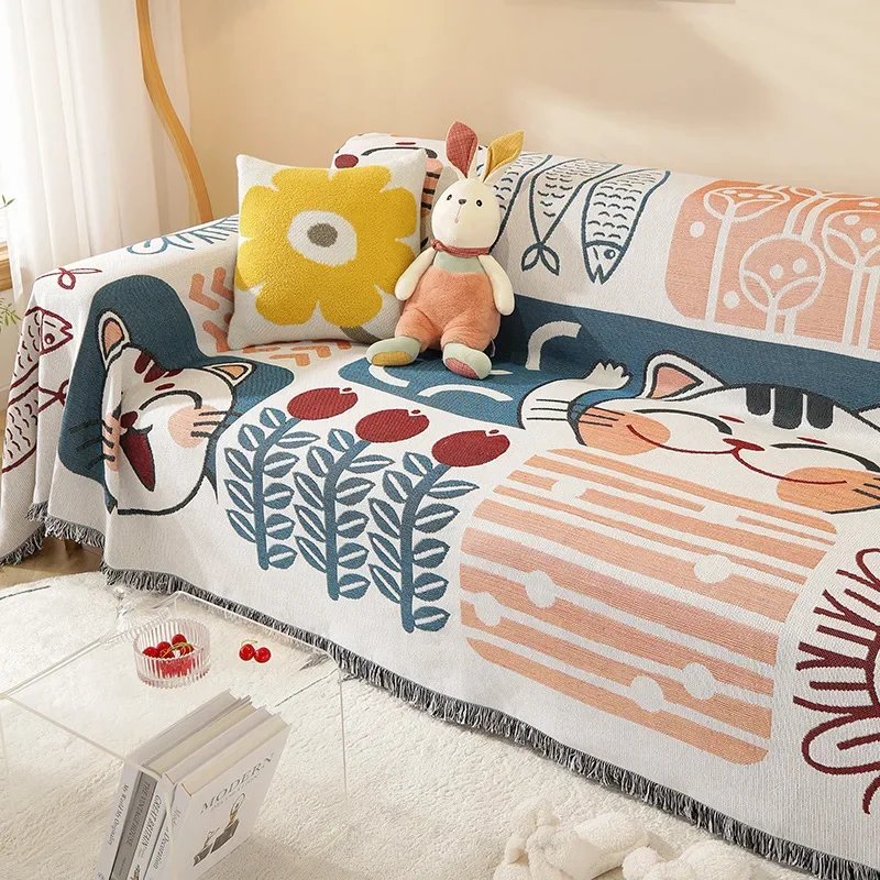 Cartoon Sofa Cover Double Use Beds Blanekets Throw Blanket Picnic Mat With Tassel Sofa Bed Universal Decorative