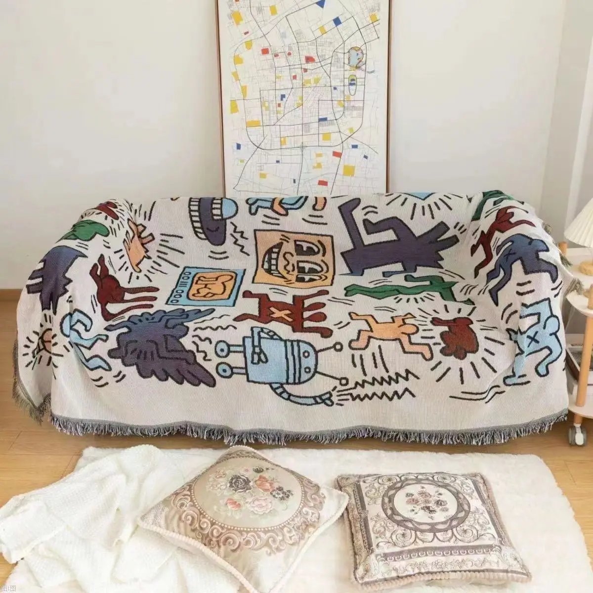 Cartoon Sofa Cover Double Use Beds Blanekets Throw Blanket Picnic Mat With Tassel Sofa Bed Universal Decorative