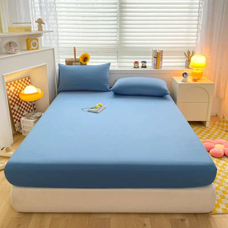 Soft Cotton Fitted Bed Sheet with Elastic Band Solid Color Mattress Cover for Single Double King Queen Bed 140/150/160/180/200