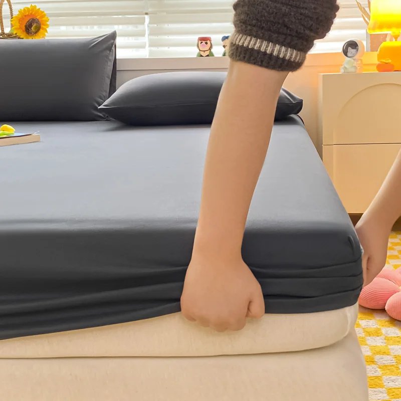 Soft Cotton Fitted Bed Sheet with Elastic Band Solid Color Mattress Cover for Single Double King Queen Bed 140/150/160/180/200