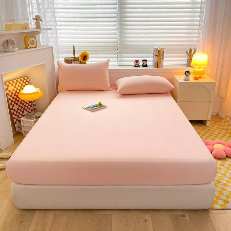 Soft Cotton Fitted Bed Sheet with Elastic Band Solid Color Mattress Cover for Single Double King Queen Bed 140/150/160/180/200