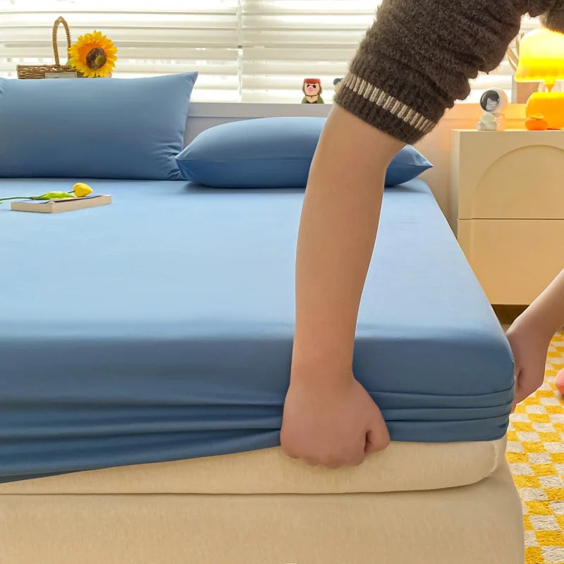 Soft Cotton Fitted Bed Sheet with Elastic Band Solid Color Mattress Cover for Single Double King Queen Bed 140/150/160/180/200