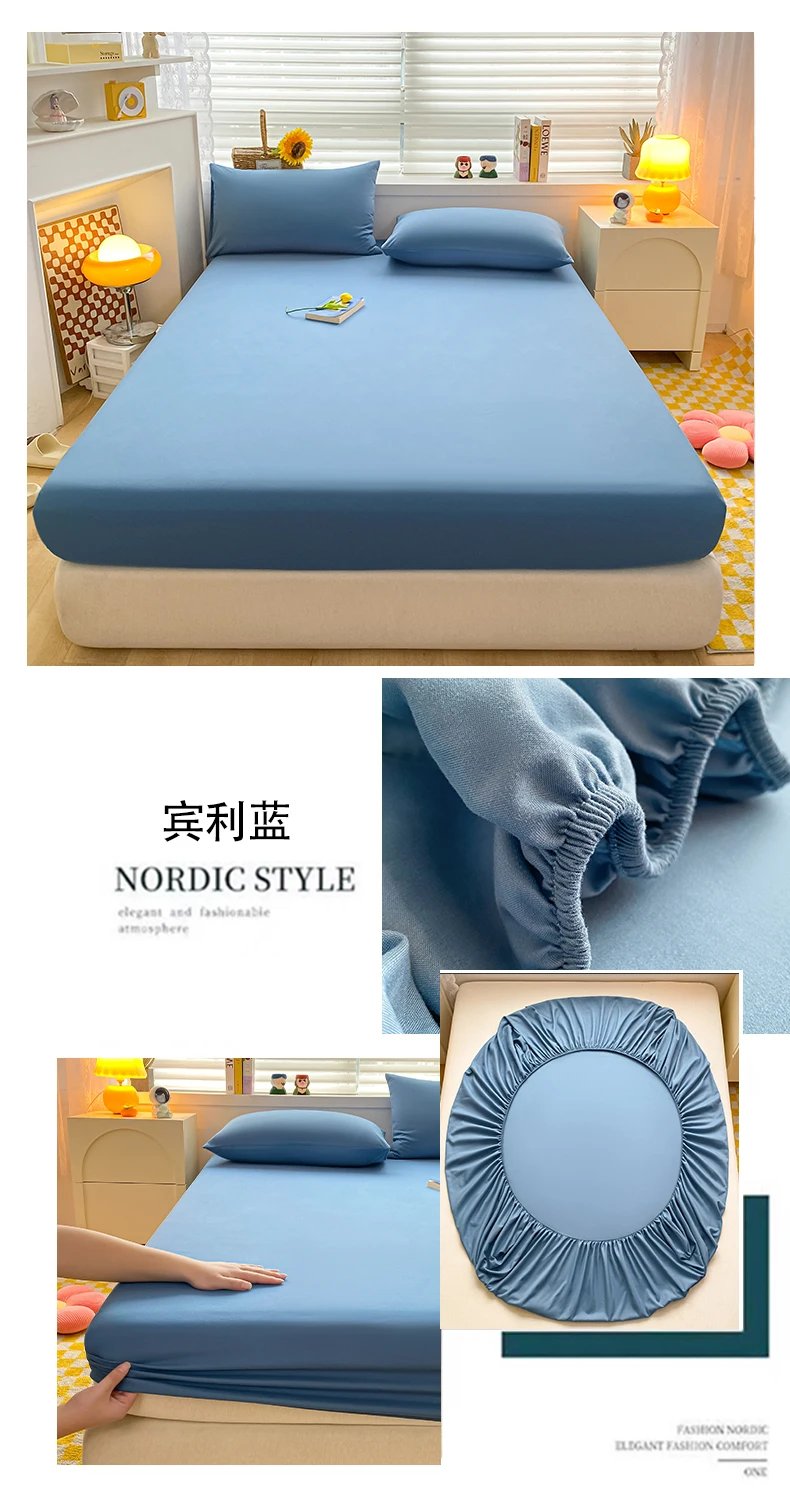 Soft Cotton Fitted Bed Sheet with Elastic Band Solid Color Mattress Cover for Single Double King Queen Bed 140/150/160/180/200