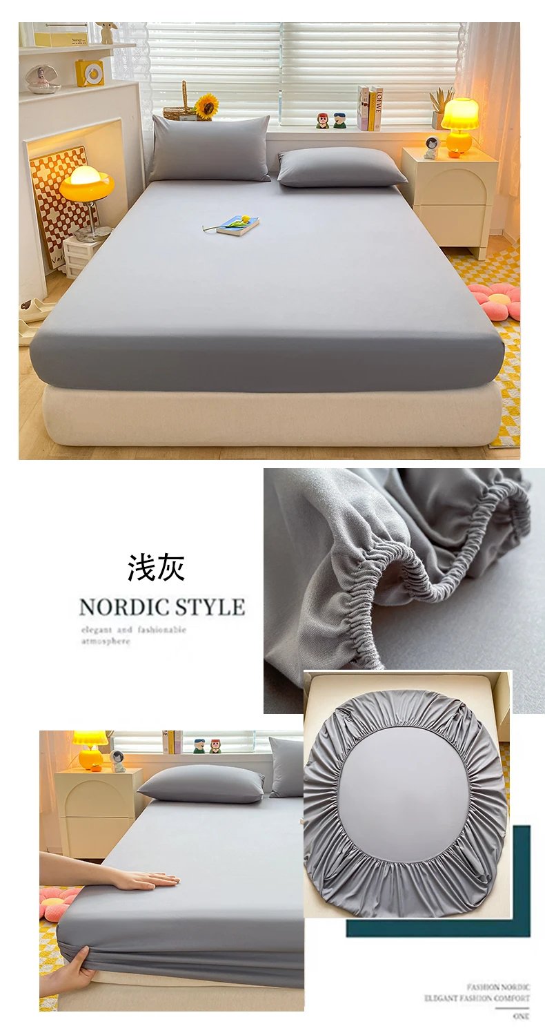 Soft Cotton Fitted Bed Sheet with Elastic Band Solid Color Mattress Cover for Single Double King Queen Bed 140/150/160/180/200