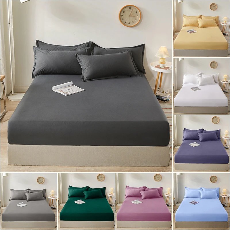 100% Cotton Fitted Bed Sheet with Elastic Band Solid Color Mattress Cover for Single Double King Queen Bed 140/150/160/180x200